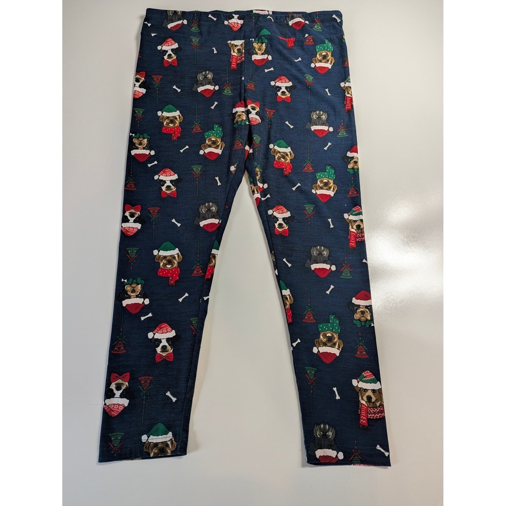 Holiday Time Womens XXL 20 Christmas Dog Print Leggings Navy Blue Santa Hats